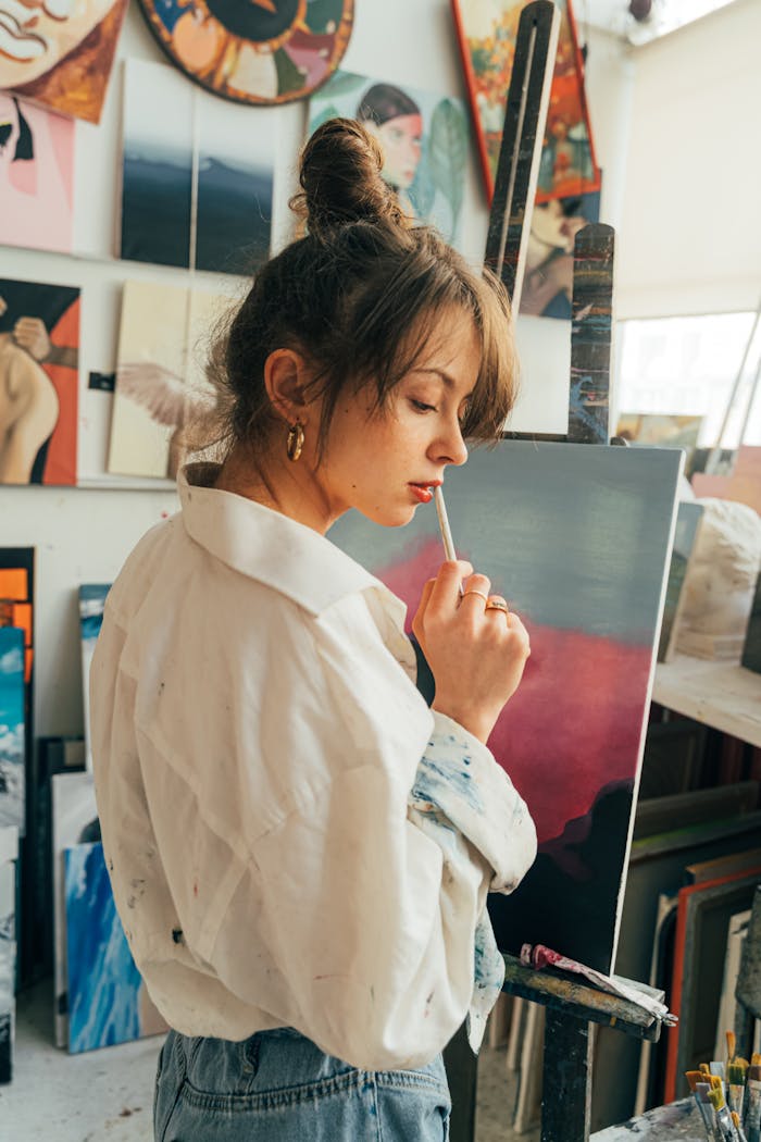 Young woman artist in studio pondering over her canvas painting.